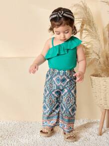 SHEIN 2pcs/Set Baby Girls 0-3 Years Spring/Summer New Casual Elegant Resort Brick Pattern Wide Leg Pants & Ruffle Strap Waist Crop Top, Leisure Suit, Green - Green - View 3