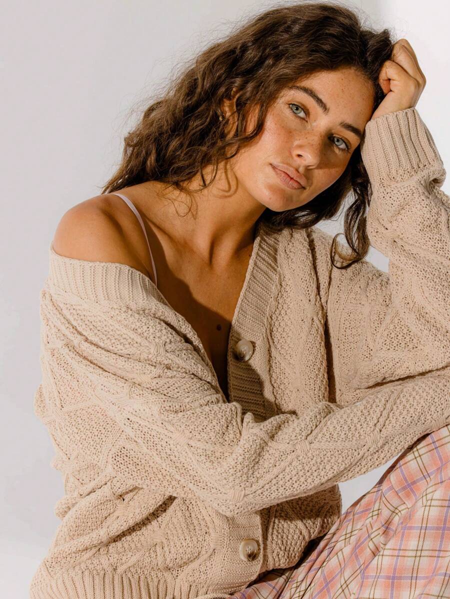 Aralina Cozy Oversized Cable-Knit Button-Up Cardigan - Brown - View 1