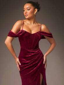 L'Amorae Women's Elegant Burgundy Velvet Off Shoulder Bustier Dress,Summer Pleated Split Hem Maxi Prom Gown For Dining,Wedding,Parties,Evening & Formal Events - Red - View 2