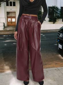 SHEIN Forever 21 Women PU Leather Look Casual Straight Leg Pants, Minimalist And Fashionable For Everyday Wear - Red - View 2
