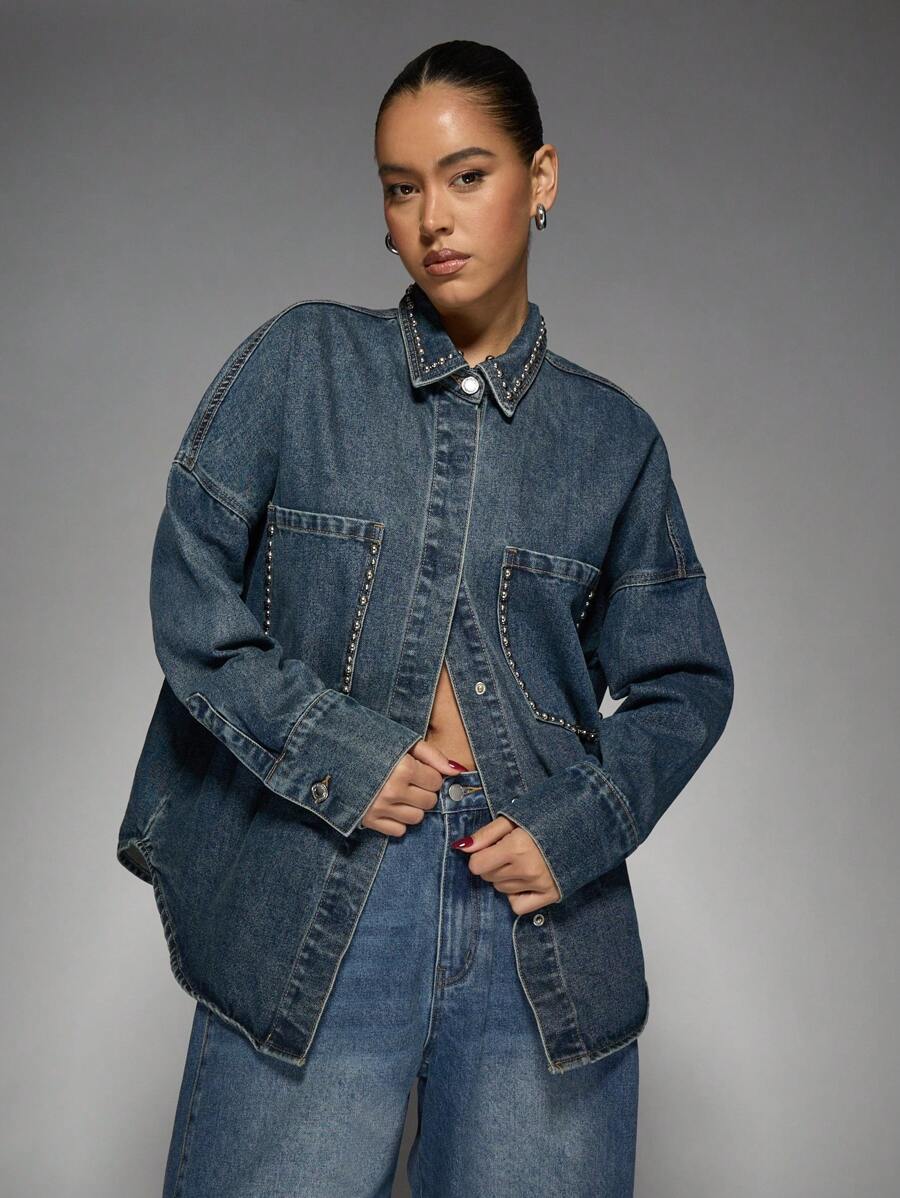 MISSGUIDED 优质铆钉牛仔卡车司机夹克超大复古外观精细缝线纽扣式摇滚明星秋冬街头风格 - 藍色 - 查看 1