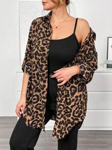 SHEIN Essnce 大码女式长袖上衣，春装，豹纹衬衫，长袖衬衫，开衫，俱乐部服装女士可爱上衣复古服装女士春装外出上衣 - 棕色 - 查看 6