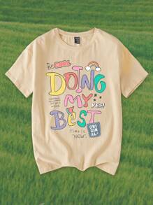 Tseoso 女士休闲简约英伦图案圆领短袖宽松T恤，适合夏季，棉混纺 - 杏色 - 查看 4