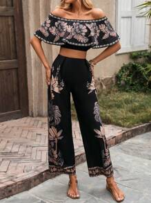 1 Set Tube Top And Long Pants With Printed Design - Black - View 5