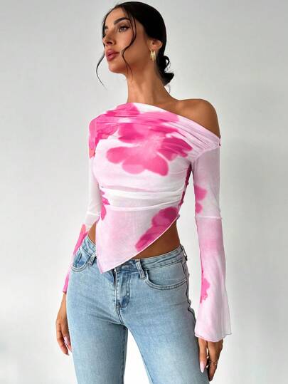 Firerie Elegant Floral Print Asymmetrical Hem Open Shoulder Long Sleeve T-Shirt, Spring/Summer, Valentine's Day