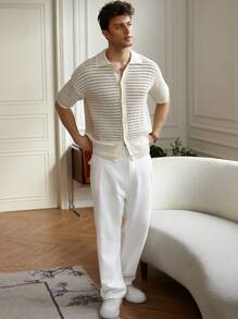 Manfinity Homme Men's Solid Color Front Button Short Sleeve Hollow Knitwear, Casual And Minimalist