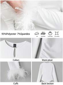 BizChic White Long Sleeve T-Shirt With Feather Decor, Elegant For Party, Holiday, Thanksgiving, Suitable For Women - White - View 3
