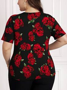 SHEIN Clasi Damen Große Größen Sommer Elegantes Schwarz Basis Rot Rose Spitze V-Ausschnitt Kurzarm T-Shirt für Valentinstag, Frühling