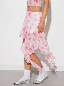 SHEIN EZwear Walentynkowa spódnica z asymetrycznym dołem i koronką w drobne kwiatki z niskim stanem - Różowy - Zobacz 1