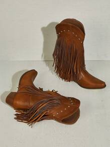 SHUZIA Women's Fashionable Western Mid-Calf Fringe Camel Color Chunky Heel Boots Summer Shoes Spring Shoes Spring Break Easter - Camel - View 4