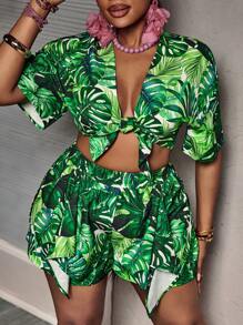 Slaydiva 2025 Summer&Beach New 2pcs/Set Plus Size Women Vacation Sexy Green Plant Print Tie-Up Hem Shorts With Side Slit Spring/Summer Plus Size Women Two Pieces Outfits Summer Plus Size Women 2 Pieces Outfits Plus Size Women Clothing Plus Size Women Two Pieces Outfits Summer Clothes Plus Size Women Two Pieces Outfits Plus Size Women 2 Pieces Outfits,Holiday Outfits Boho - Multicolor - View 5