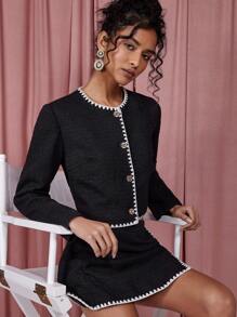 COSMINA 2pcs/Set Women Old Money Print Contrast Trim Long Sleeve Jacket & Skirt - Black and White - View 4