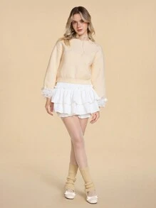 ROMWE Kawaii Suéter de mujer acogedor y lindo con lazo de mariposa y detalles de encaje en contraste