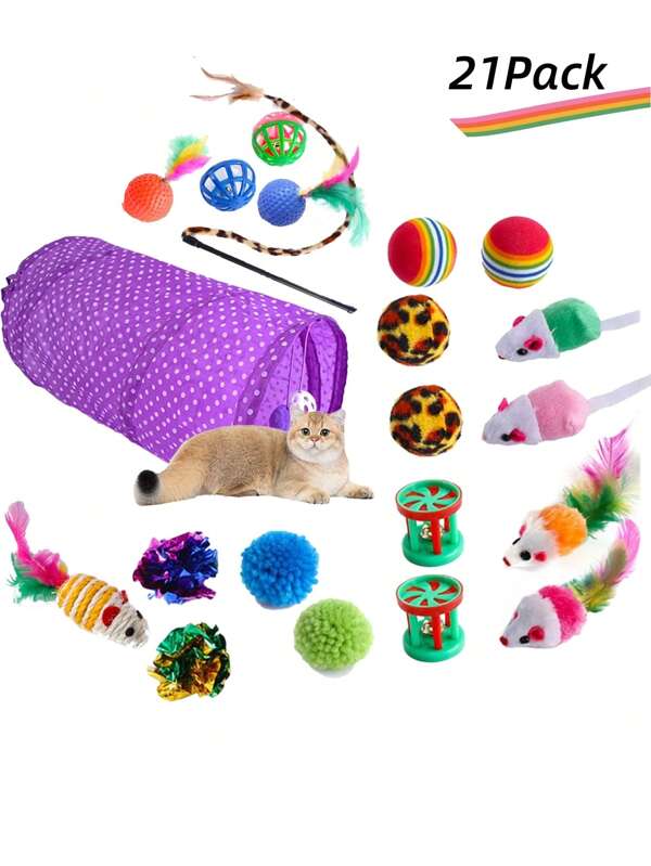 1 Set de juguetes para gatos, juguetes para gatitos con túnel de juego para gatos y perros, accesorios aleatorios a juego, juguetes interactivos para mascotas para animales pequeños, juegos de ejercicio divertidos para tiempo de juego en interiores, regalos para amantes de los gatos