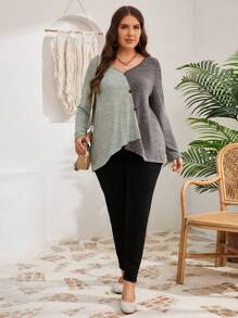 EMERY ROSE 大码女式休闲撞色长袖纽扣不对称下摆 T 恤，秋季 - 薄荷綠 - 查看 3