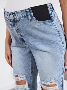 SHEIN Maternity Blue Ripped Tapered 7/8 Jeans, Summer Spring Beach Brunch Spring Break Concert Rave Festival Country Concert Ibiza Nashville Mom Jeans - Blue - View 5