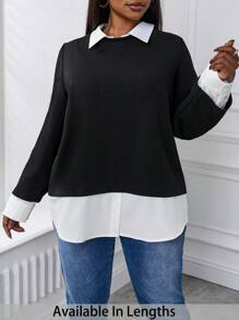 SHEIN PETITE CURVE Plus 2 In 1 Contrast Collar Sweatshirt - Black - View 1