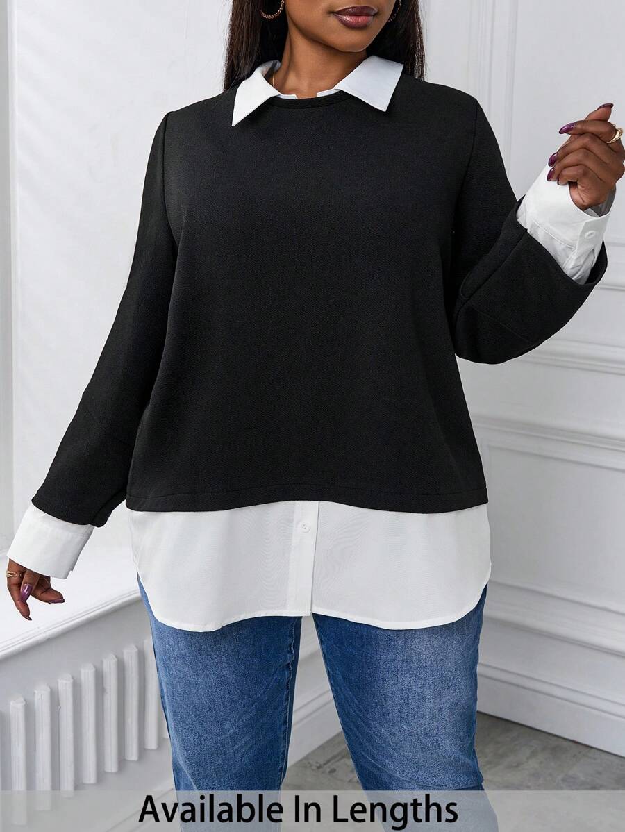 SHEIN PETITE CURVE Plus 2 In 1 Contrast Collar Sweatshirt - Black - View 1