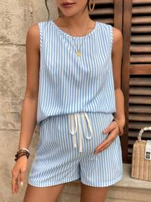 SHEIN Maternity Sleeveless Tank Top And Drawstring Loose Shorts 2 Pieces Set - Blue - View 6