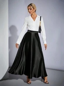 SHEIN Tall High Waisted Solid Color Flare Party Women's Oversized Hem Skirt - Black - View 8