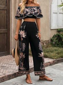 1 Set Tube Top And Long Pants With Printed Design - Black - View 3