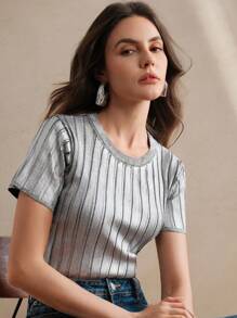 Anewsta 女士罗纹圆领金属涂层修身 T 恤上衣，节日外出，春夏 - 銀色 - 查看 1