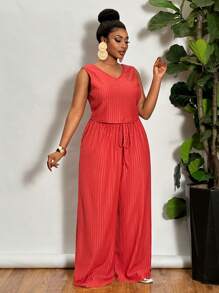Slaydiva 2 pièces Ensemble femme grande taille débardeur à col en V en jacquard et pantalon pattes d'éléphant, rouge rouille - Blanc - Voir 4