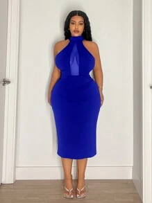 Maweii Plus Size Mesh Panel Stand Collar Sleeveless Simple Fitted Midi Dress - Royal Blue - View 5