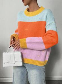 SHEIN LUNE 色彩缤纷宽松休闲圆领套头长袖女式针织毛衣，秋冬款 - 彩色 - 查看 5