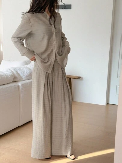 DAZY Conjunto de 2 piezas de camisa a rayas y pantalones sueltos de estilo casual de negocios para mujer, conjunto de lino de verano para estar en casa