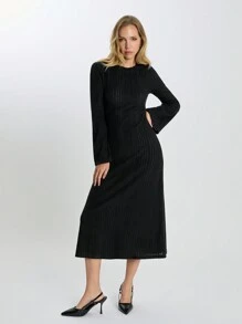 SHEIN Cottnline 不对称罗纹面料优雅长连衣裙 - 黑色 - 查看 4