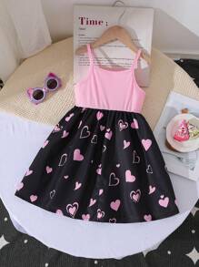 全新夏季可爱少女女孩甜美卡通猫心印花吊带连衣裙 - 粉色 - 查看 2