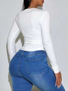 VaVaBold 純色圓領褶皺修身t恤 - 白色 - 查看 2