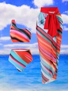 SHEIN Swim Curve Große Größen 3-teiliges Set mit Blume Muster Bikini Bademode für den Sommer - Verschiedenfarbig - Übersicht 1