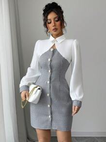 Elenzga New Elegant Waist Slimming Splice Design Long Sleeve Dress - Multicolor - View 5