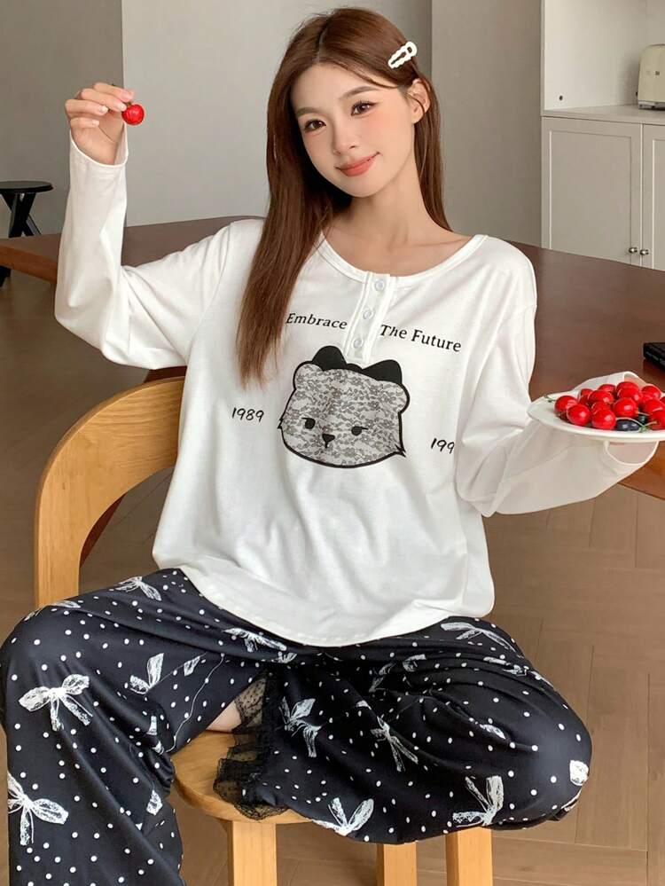 Cute Cartoon Print Half Placket Curved Hem Top Combined With Bow Polka Dot All-Over Print Pajama Pants Sleepwear Set