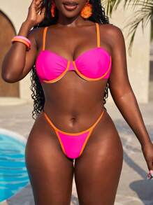 Slaydiva Neon Orange Bikini Set Contrast Binding Underwire Bra Top & Bikini Bottom 2 Pieces Bathing Suit - Hot Pink - View 3
