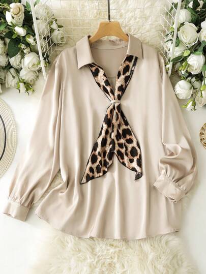 Lacomfia 大码女式豹纹领带缎面优雅通勤衬衫