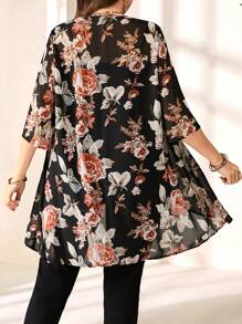 EMERY ROSE Plus Size Mid-Length Floral Print Cardigan, Casual Jacket,Vacation Outfits Woman,Boho For Women Winter Fall Autumn - Black - View 2