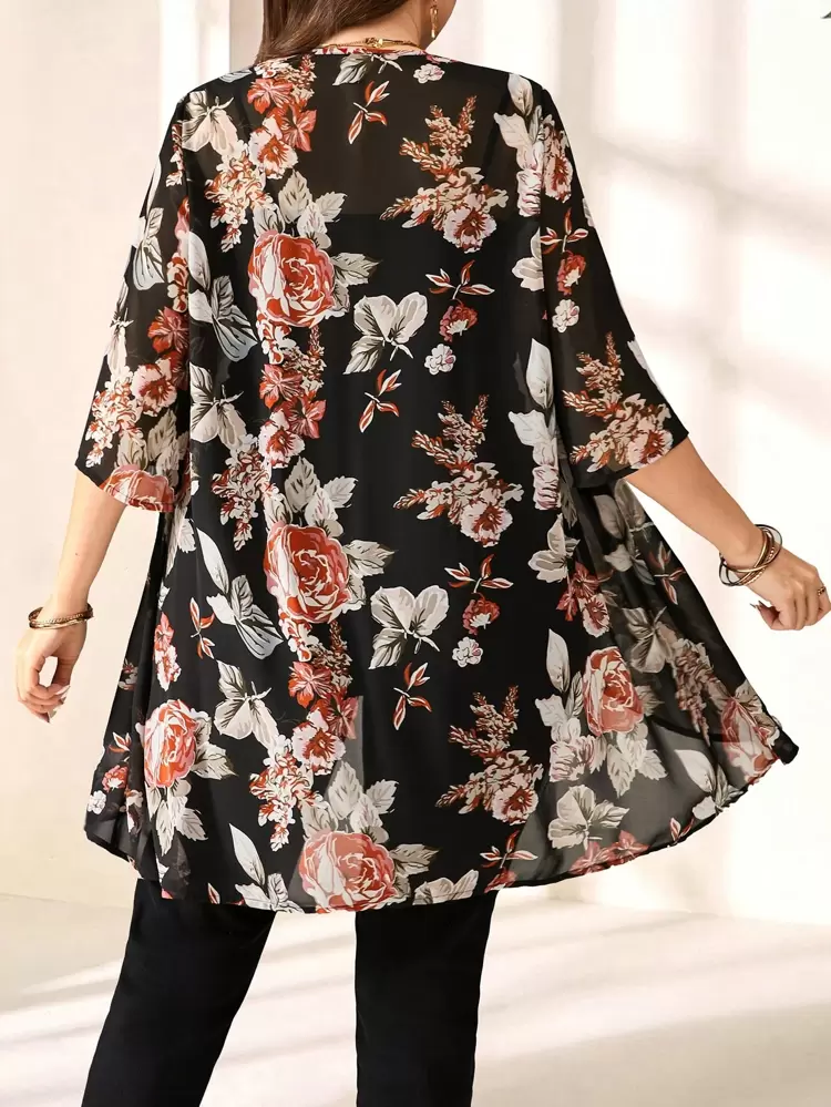 Plus Size Mid-Length Floral Print Coat, Casual , Vacation , Boho For Women Winter Fall Autumn