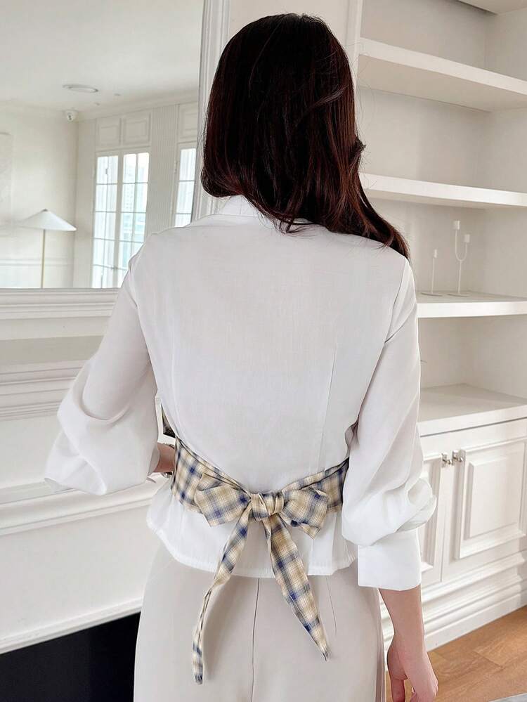 Women Elegant Plaid Print 2 In 1 Fitted Shirt, Spring/Summer Long Sleeve Top