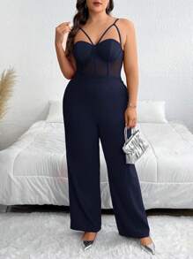 SHEIN Privé 1 件女式加大码纯色网眼拼接宽腿优雅细肩带连体裤 - 藏蓝色 - 查看 2