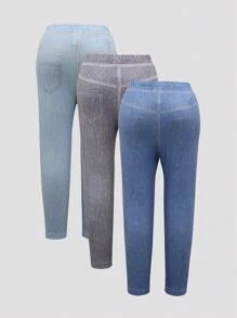 SHEIN 3pcs/Set Girls Denim Effect Cute Cartoon Pattern Long Leggings Set - Multicolor - View 2