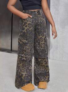 Tween Girls Leopard Print Cargo Pocket Pleated Wide Leg Loose Fit Jeans - Brown - View 6
