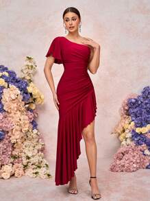 SHEIN Belle Elegant And Romantic Red Stretch Knit Fabric One-Shoulder Ruffled Sleeves Gathered Asymmetric Hem Suitable For Wedding Events, Dates, Vacations, Bridesmaid Dresses - Burgundy - View 7