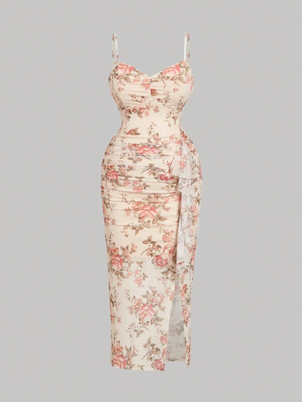 SHEIN MOD Plus Size Women Summer Vintage Floral Print Ruched Slit Midi Dress, Fairy Formal Party Holiday Dress Milkmaid Dress