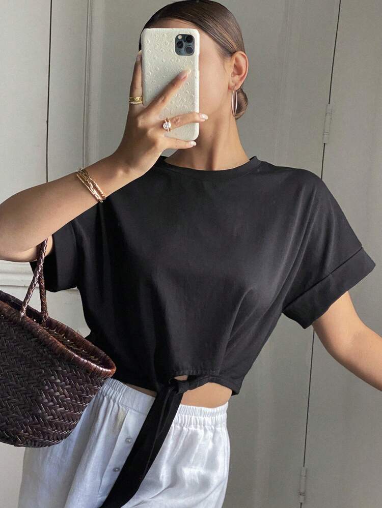 Women's Solid Color Round Neck Short Sleeve Casual Top, For Daily Wear,Crop Tops Women