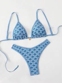 Swim Mod Women Summer Random Floral Spaghetti Strap Sexy Bikini Set - Blue and White - View 5