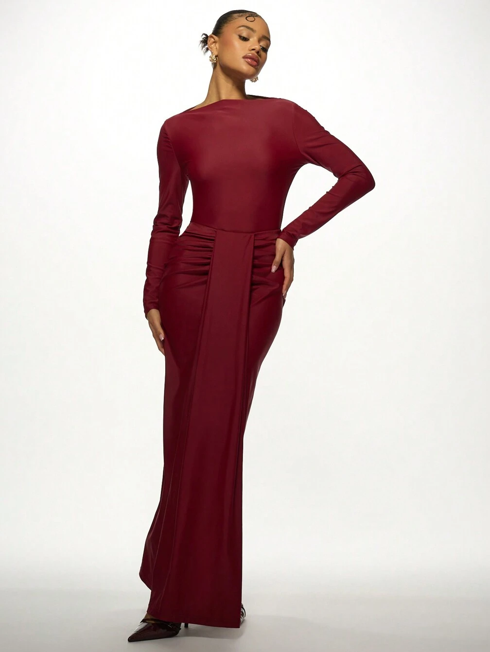 red long sleeve two piece dress Dark Red V-Neck Long Sleeve Two-Piece Set Mahogany Plum / XL