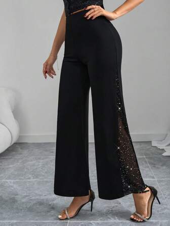 SHEIN Clasi Ladies Elegant Mesh & Glitter Splice Black Slim Straight Leg Pants, Fit For Commuting, Casual And Daily Wear, Spring/Summer